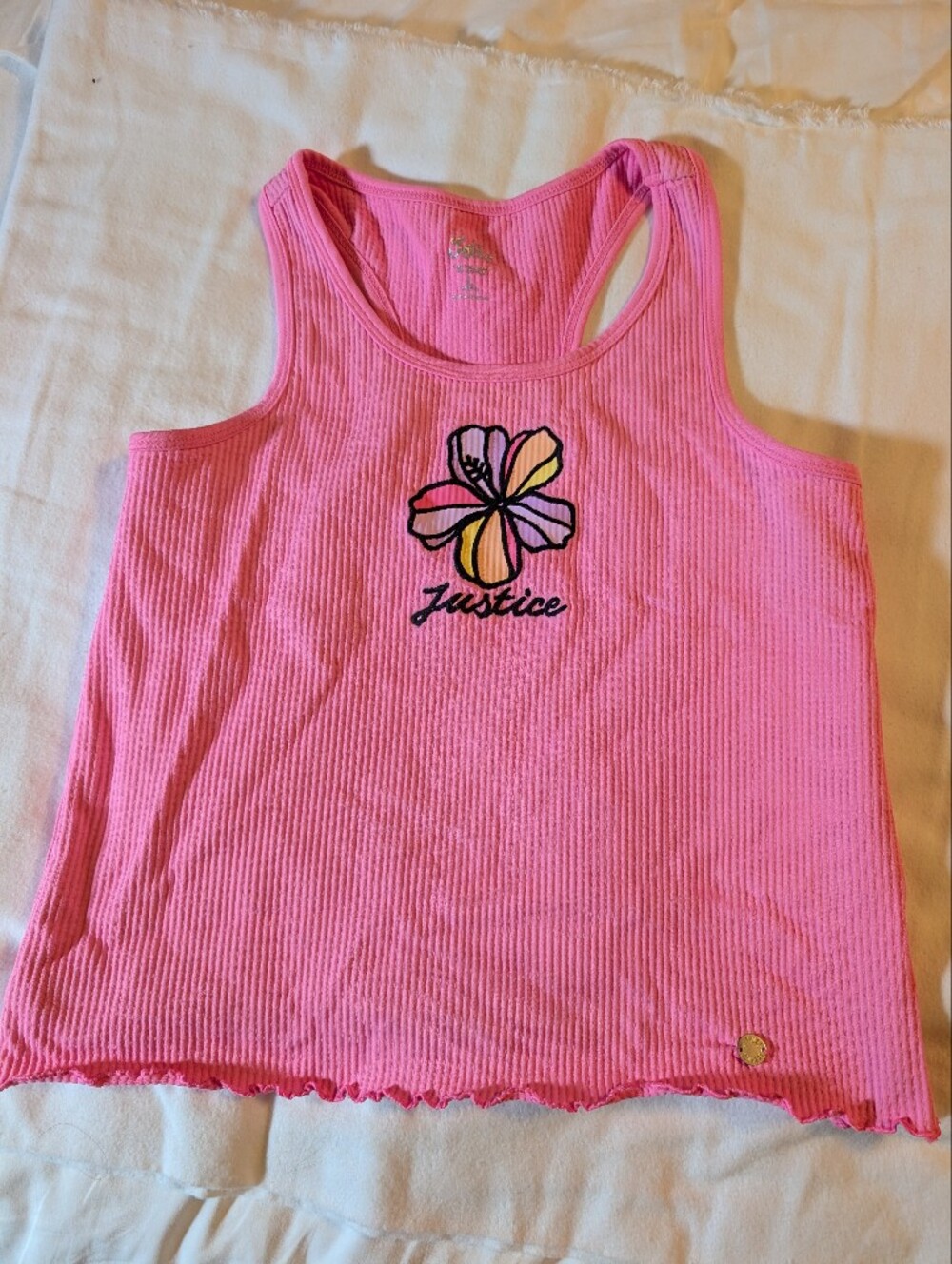 Justice Pink Ribbed Tank with Floral Logo